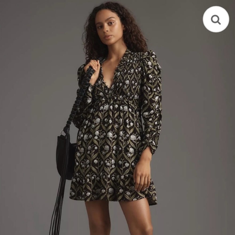 NWT Anthropologie Long Sleeve V-Neck Ruffle Mini Dress Black Floral Size XXS